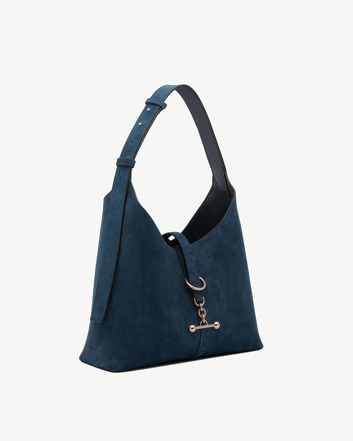 Loch blue suede Kite Hobo bag with adjustable shoulder strap and gold hardware.