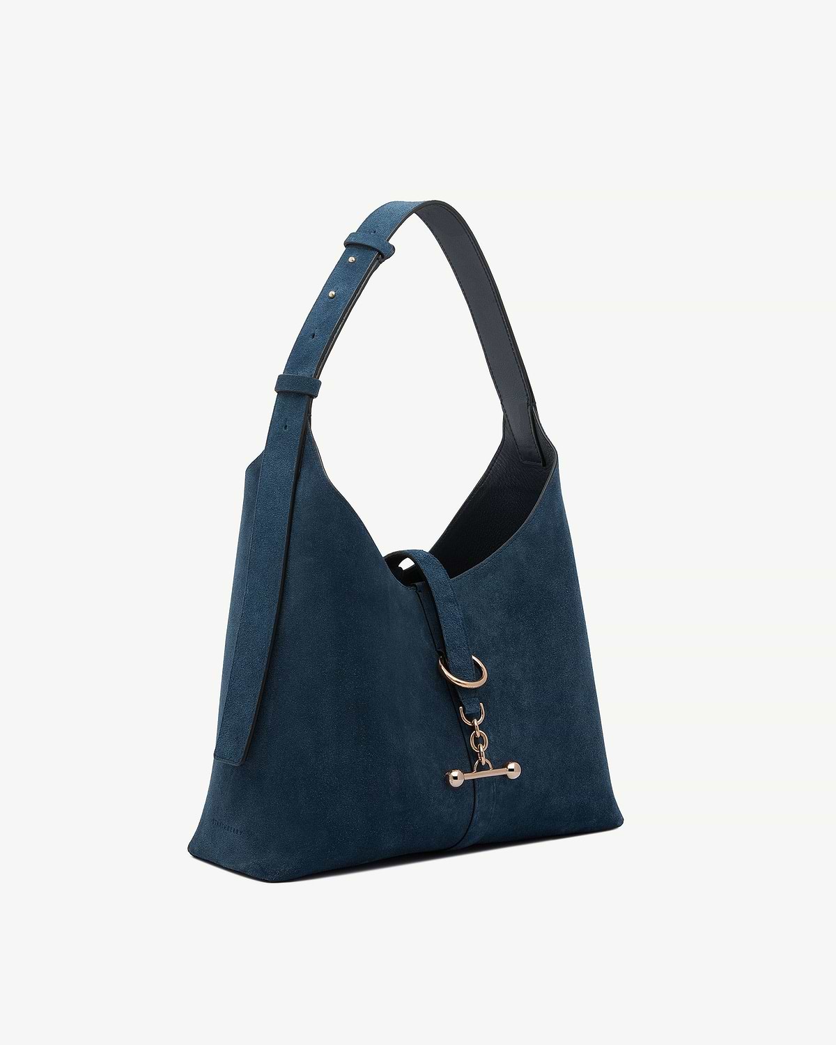 Loch blue suede Kite Hobo bag with adjustable shoulder strap and gold hardware.