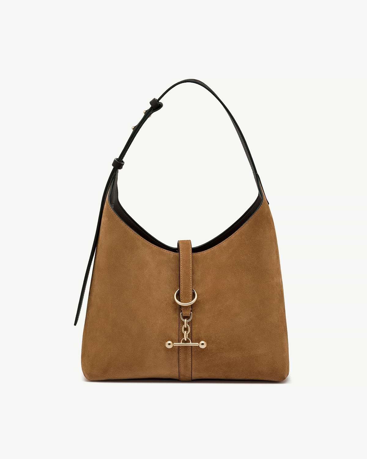 Toffee suede hobo bag with espresso leather strap and gold hardware.