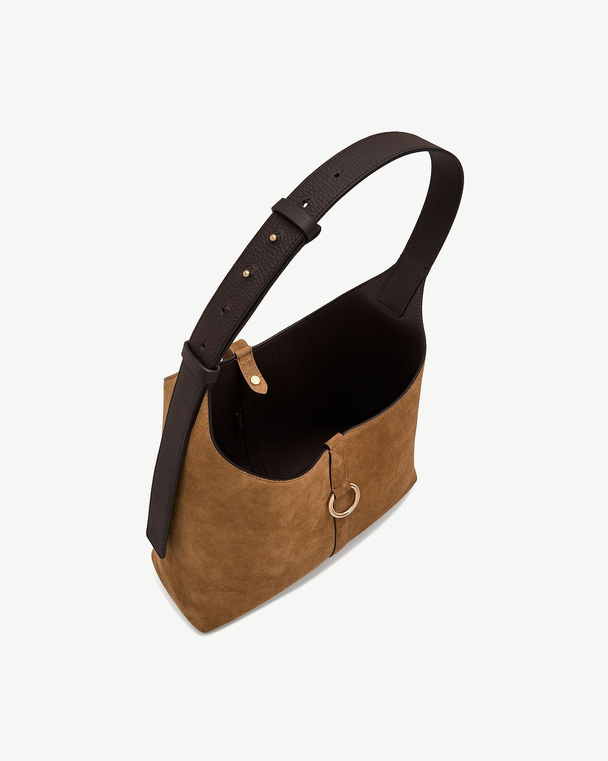 Toffee suede Kite Hobo bag with espresso leather strap and gold ring detail