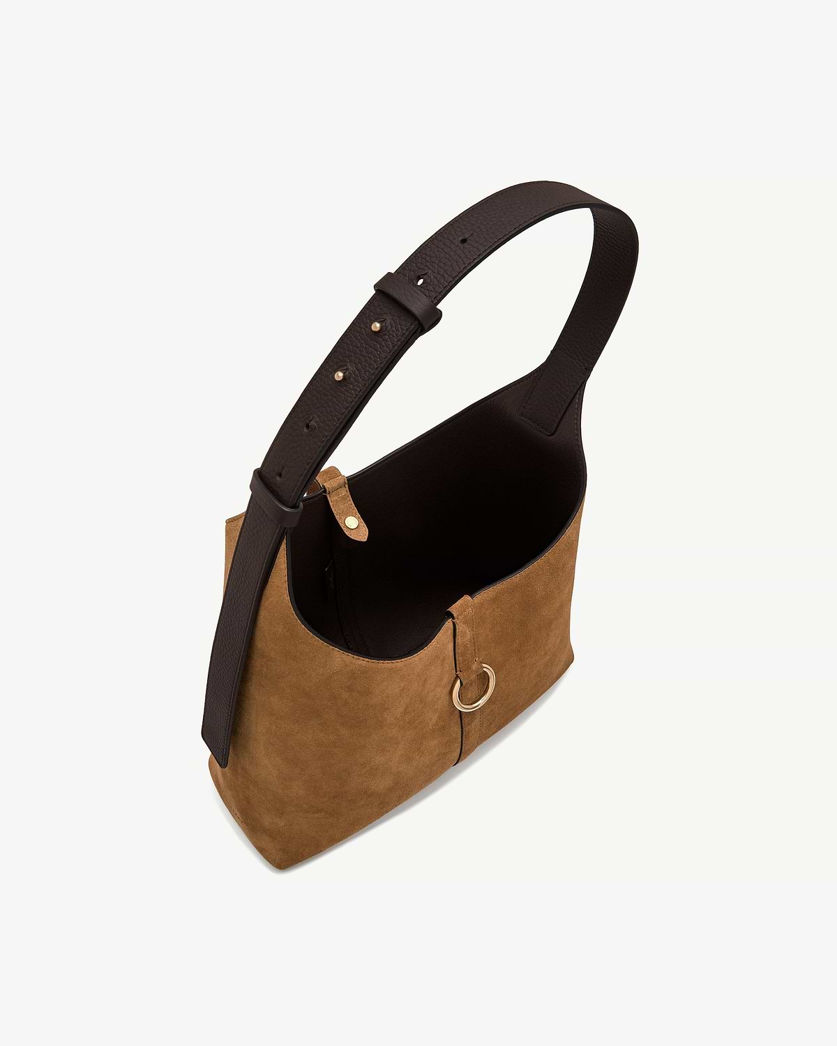 Toffee suede Kite Hobo bag with espresso leather strap and gold ring detail