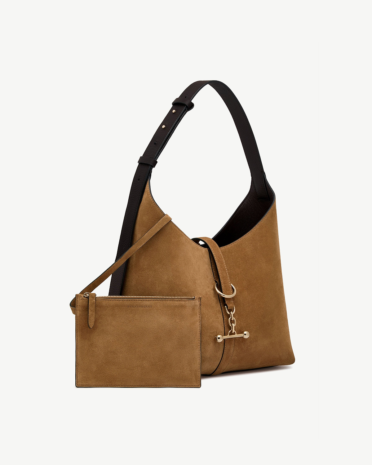 Toffee suede hobo bag with espresso strap, detachable pouch and gold hardware