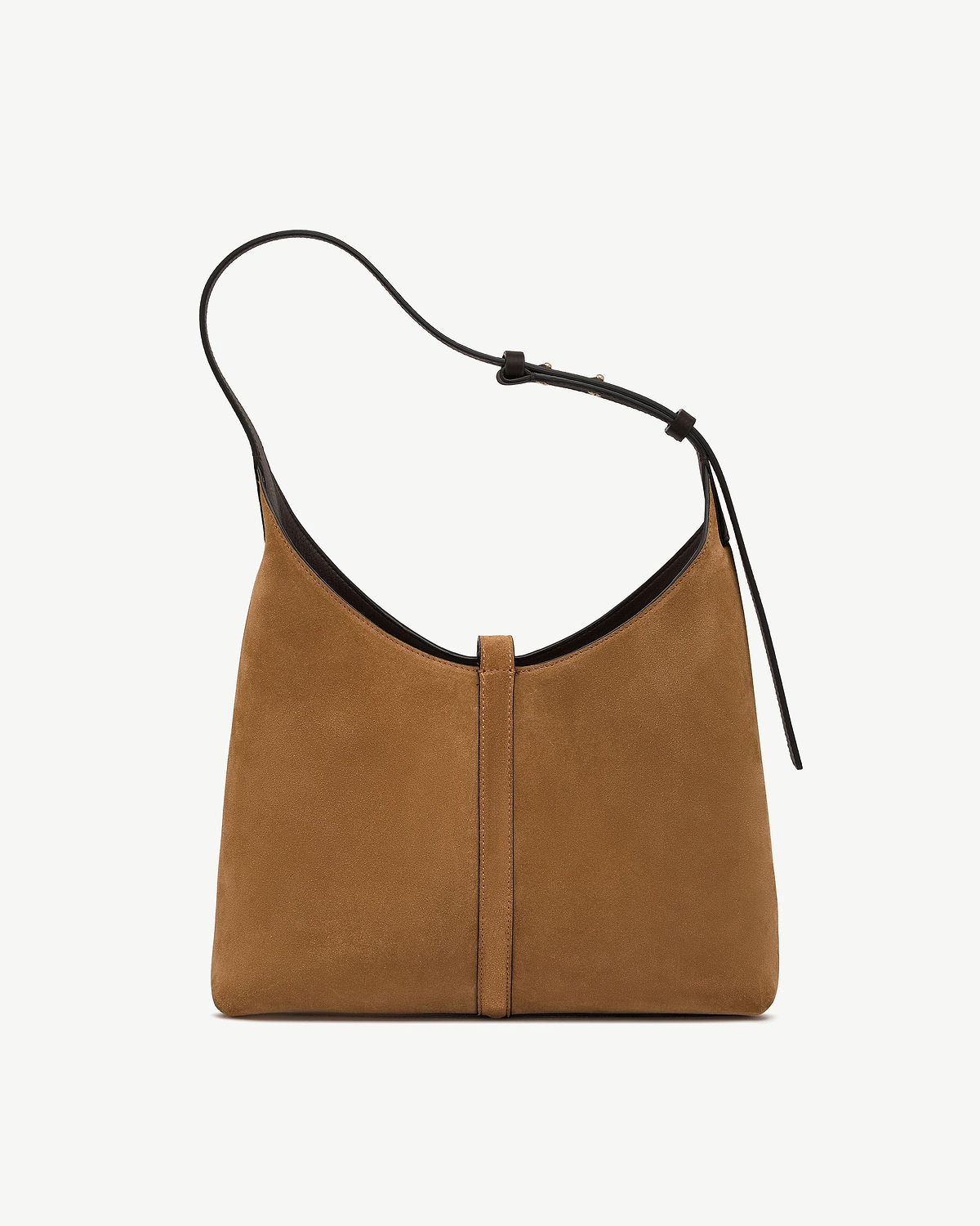 Kite hobo bag in toffee suede with espresso leather trim and thin strap.