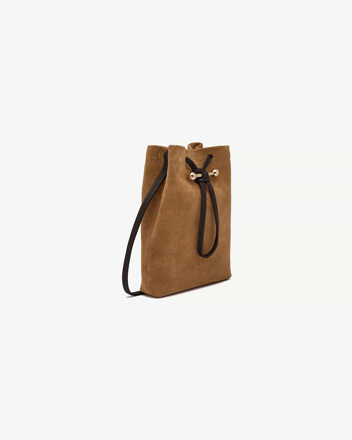 Toffee suede midi pouch with espresso drawstring and gold hardware, side view