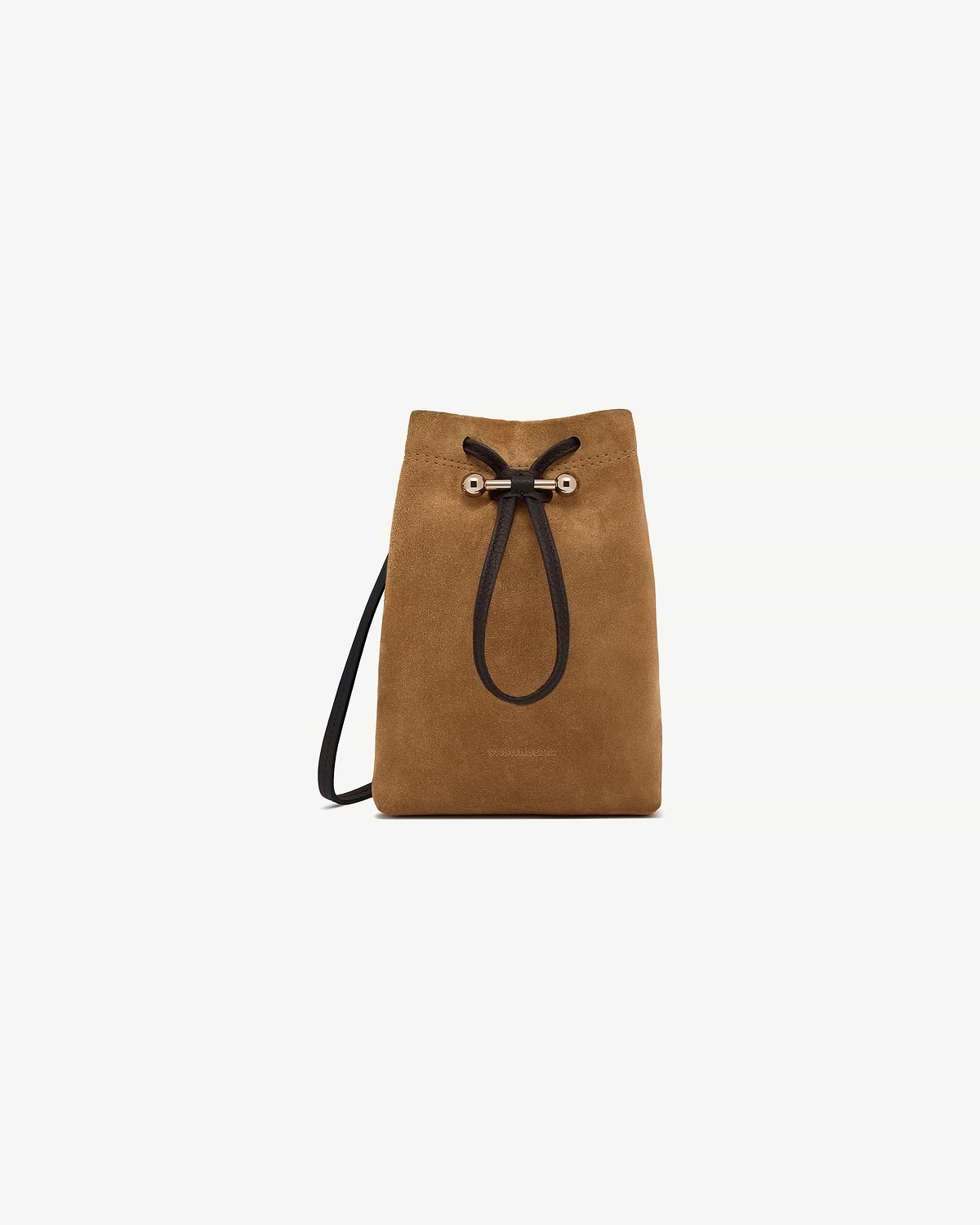 Toffee suede midi pouch with espresso drawstring and gold-tone hardware