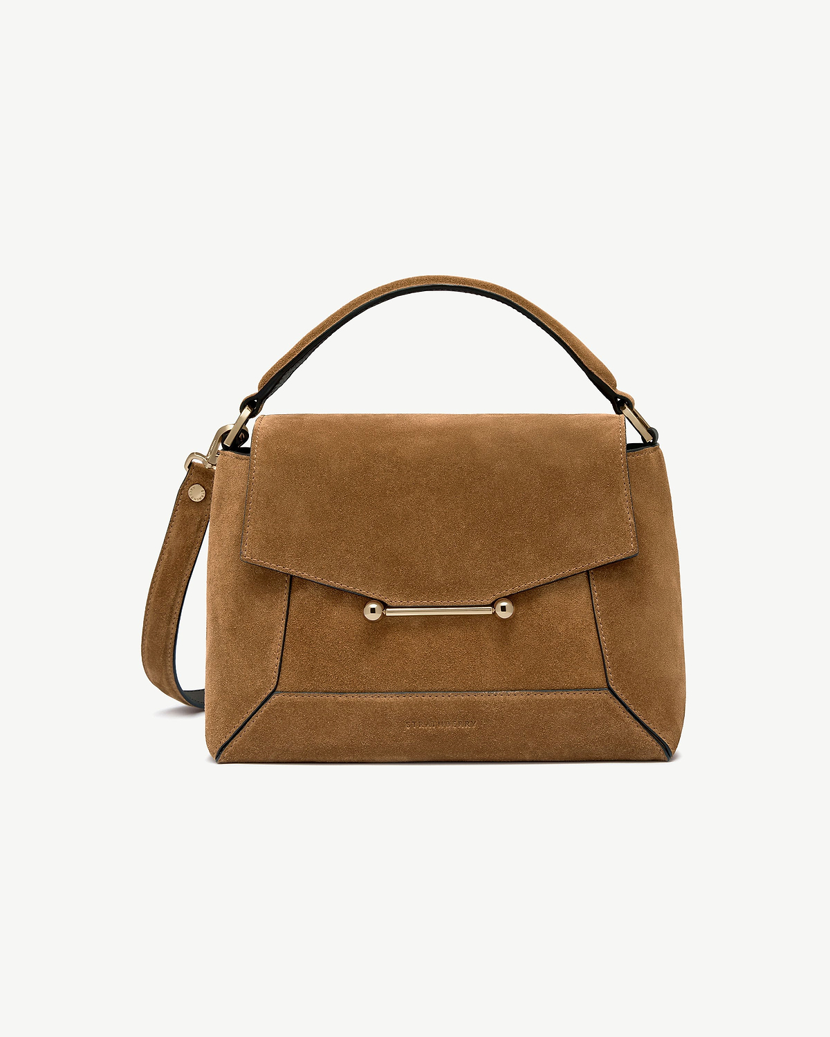 Strathberry Mosaic bag in toffee suede with espresso trim and gold bar detail