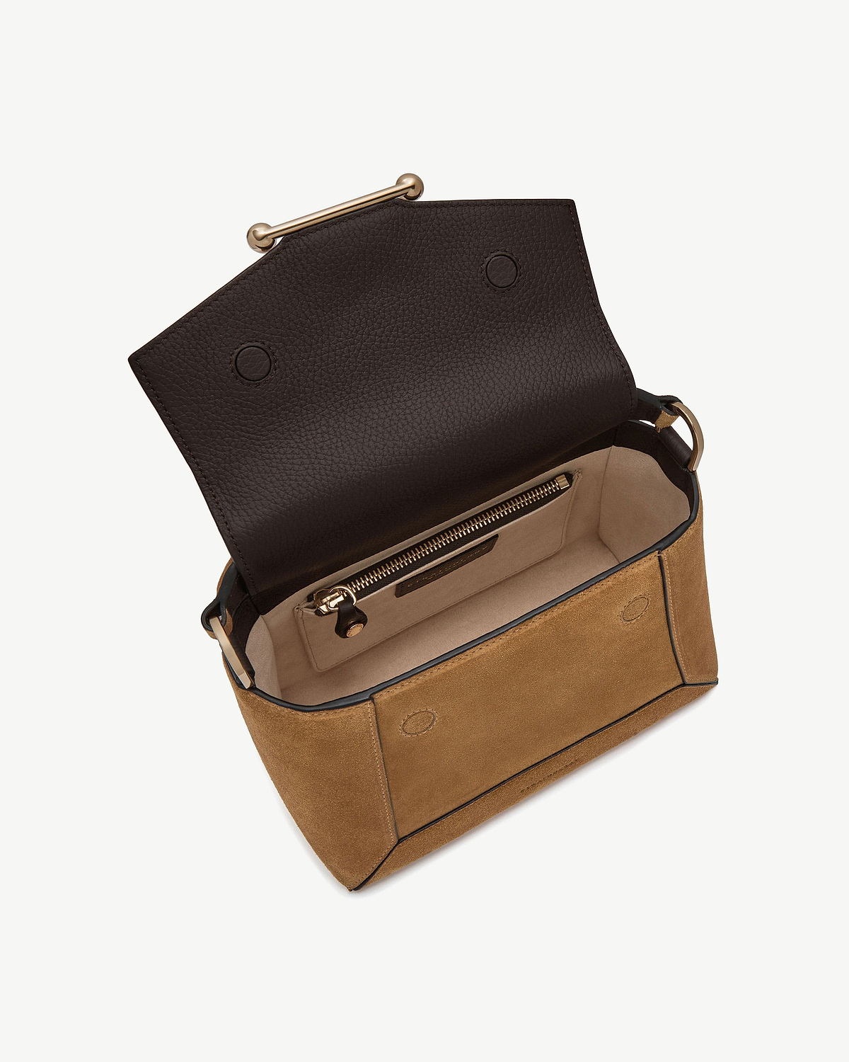 Open mosaic bag in toffee suede with espresso leather flap and zip pocket