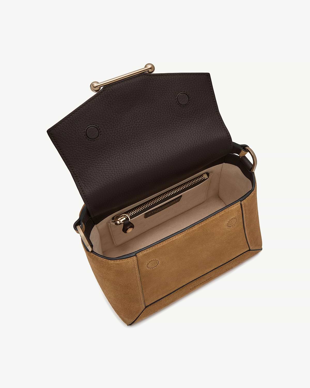 Open mosaic bag in toffee suede with espresso leather flap and zip pocket