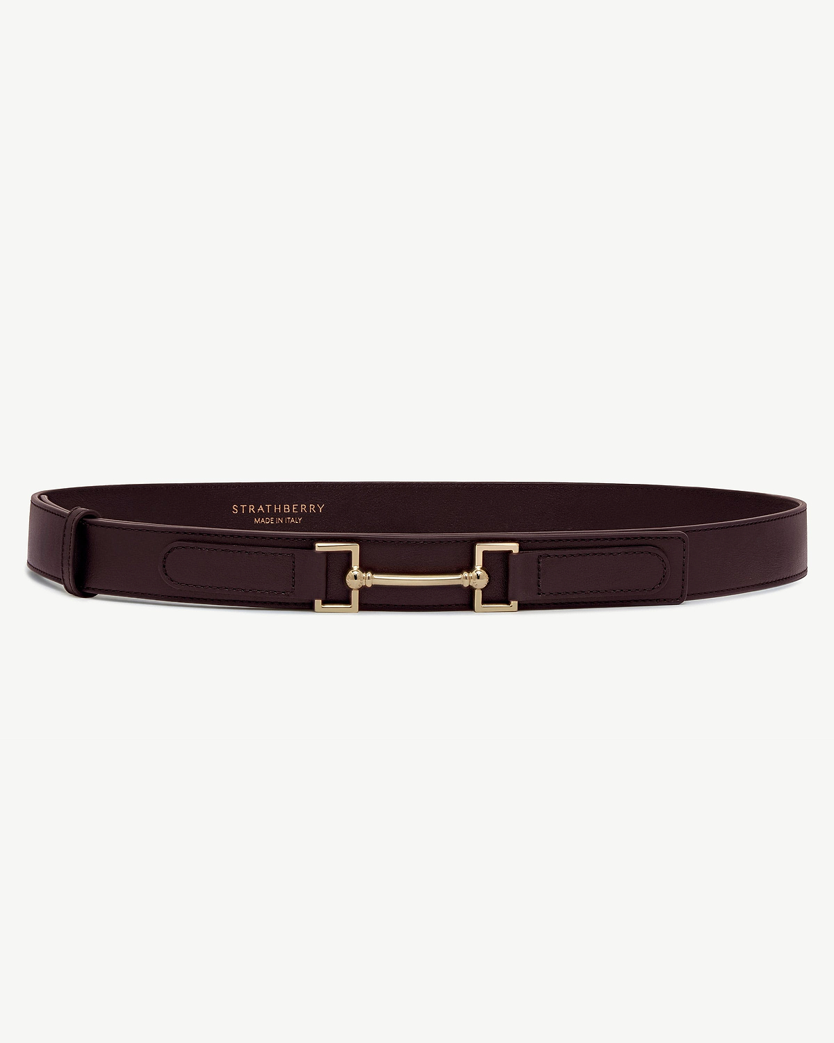Burgundy Strathberry Stockbridge belt with gold horsebit buckle and topstitching