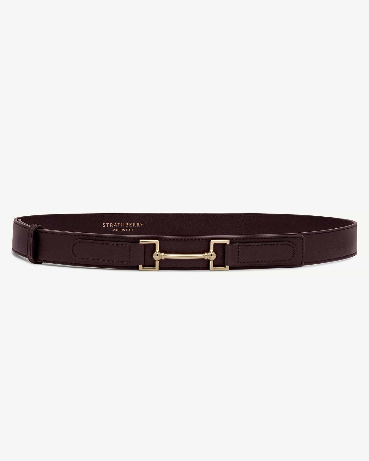 Burgundy Strathberry Stockbridge belt with gold horsebit buckle and topstitching