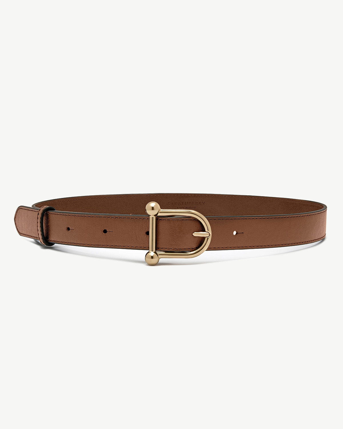 Hazelnut leather belt with gold D-shaped buckle and Strathberry embossing inside.