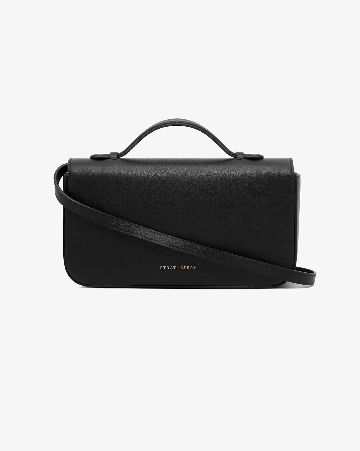 Black Nocturn clutch with top handle and crossbody strap, Strathberry logo.