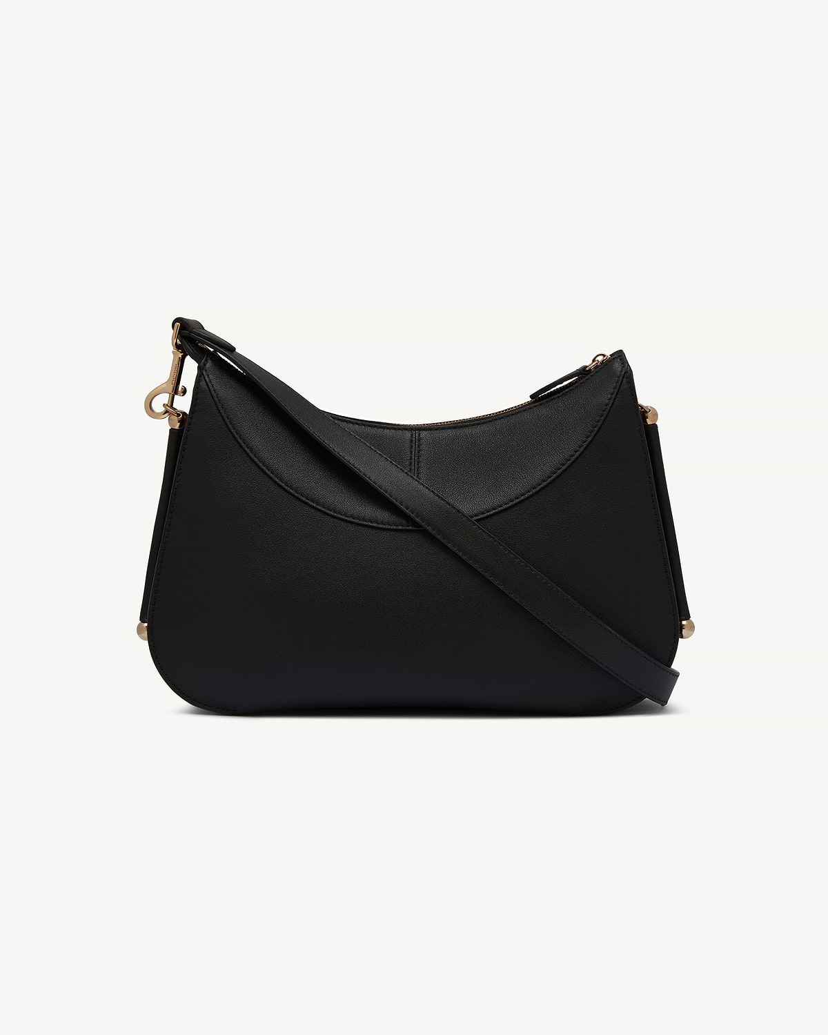 Black shoulder bag with curved top, cross-body strap and gold-tone hardware.