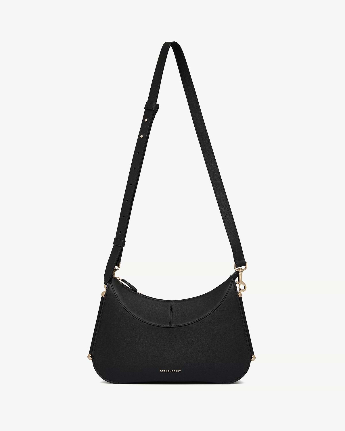 Black Strathberry Nest shoulder bag with adjustable strap and gold hardware.