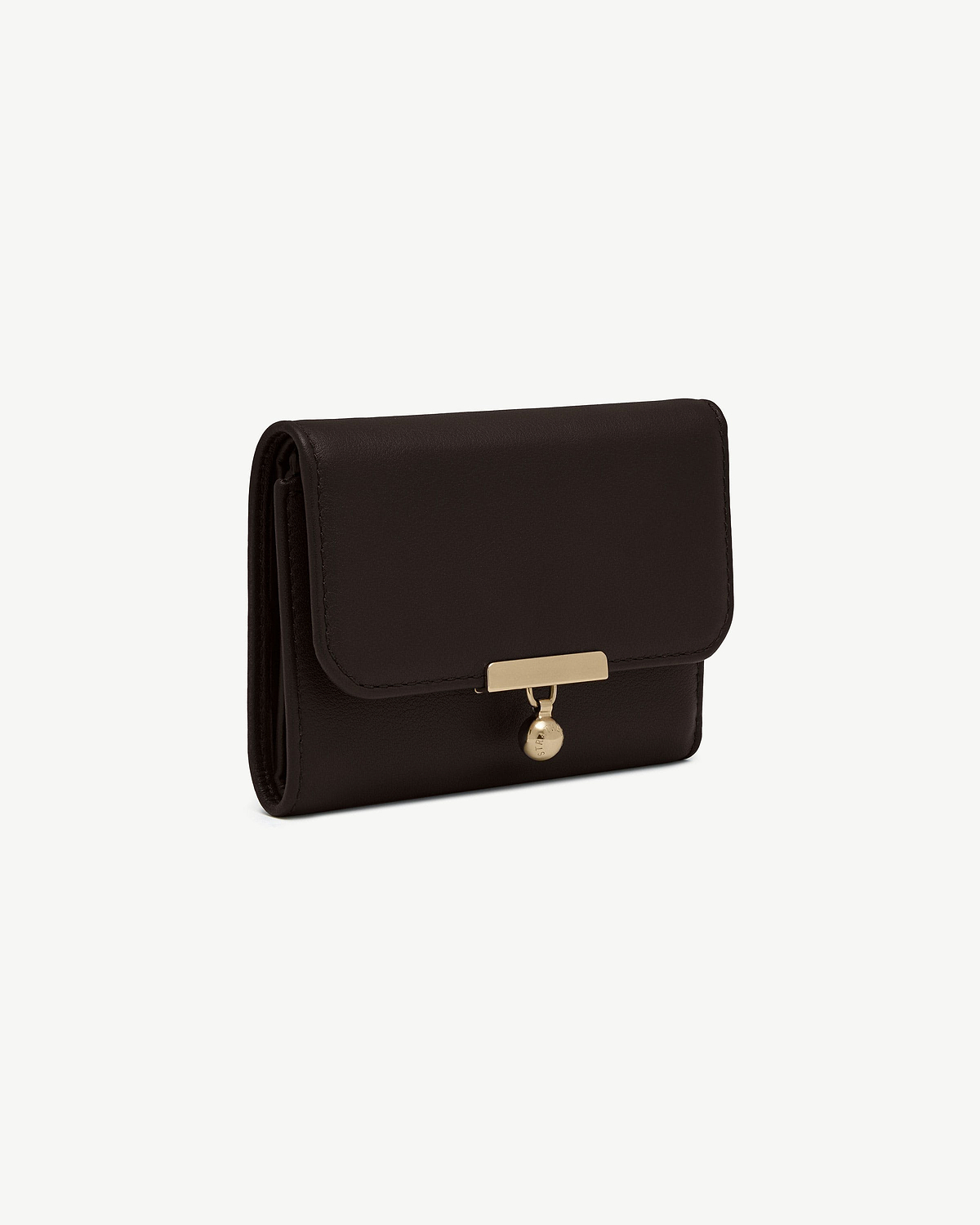 Espresso leather trifold wallet with rectangular gold clasp and round hanging charm.