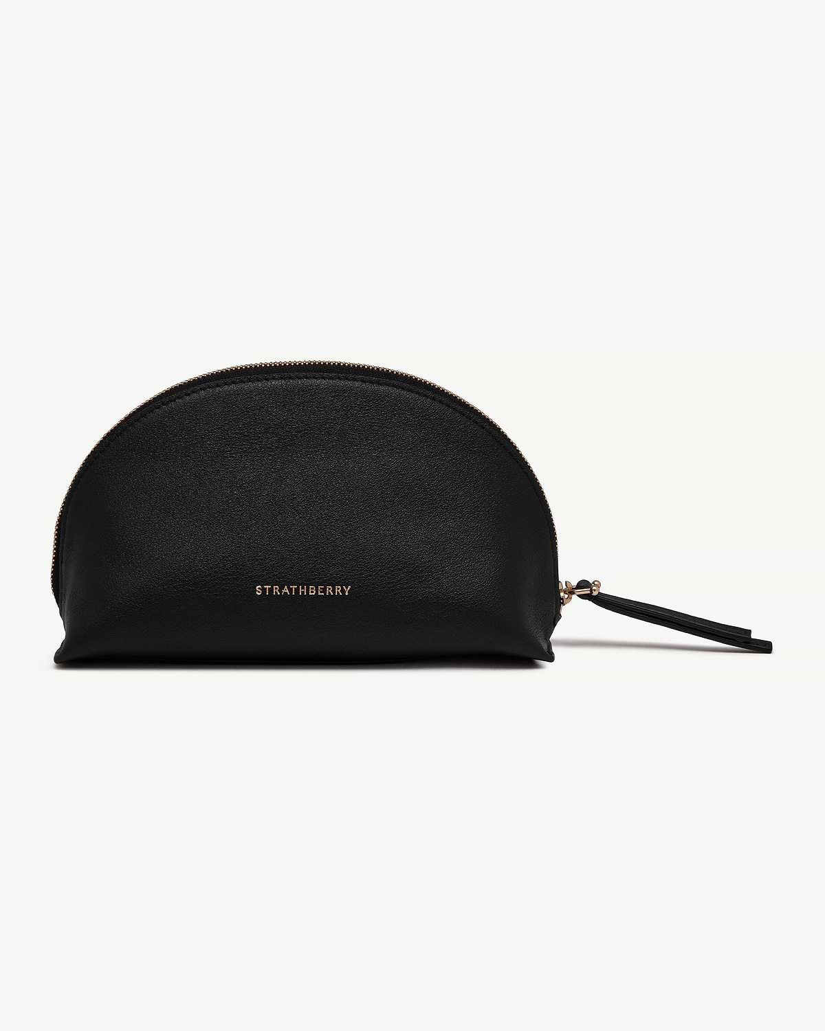 Black Strathberry leather Nest Pouch with gold logo and tassel zip.