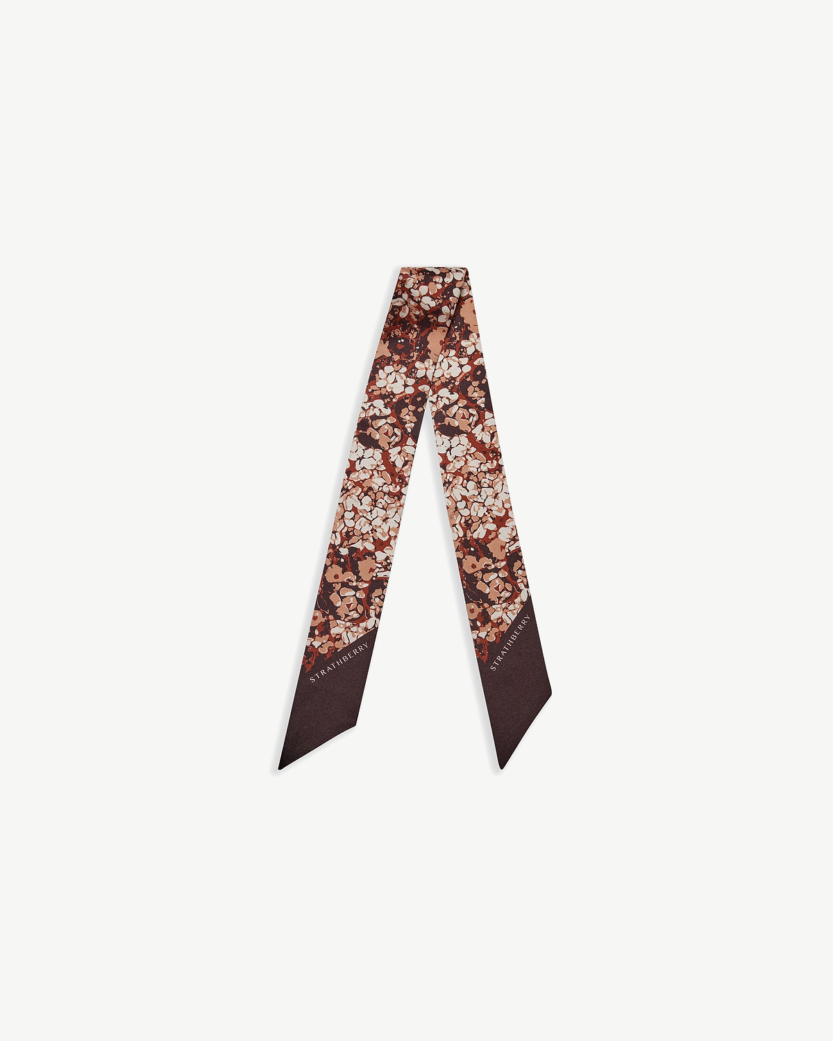 Burgundy and coral abstract-print silk skinny scarf with Strathberry logo.