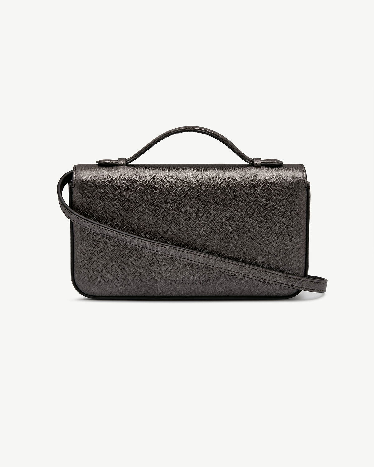 Nocturn clutch in metallic anthracite caviar with top handle, strap and Strathberry logo.