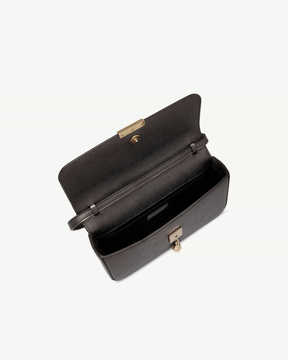 Open metallic anthracite caviar leather clutch with gold clasp and interior pocket.
