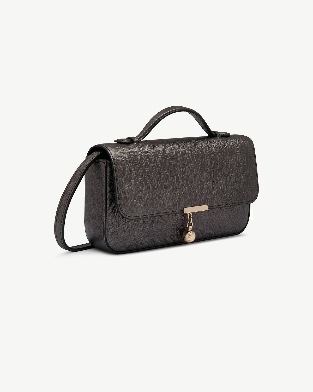 Metallic anthracite caviar leather Nocturn clutch with top handle and gold charm.