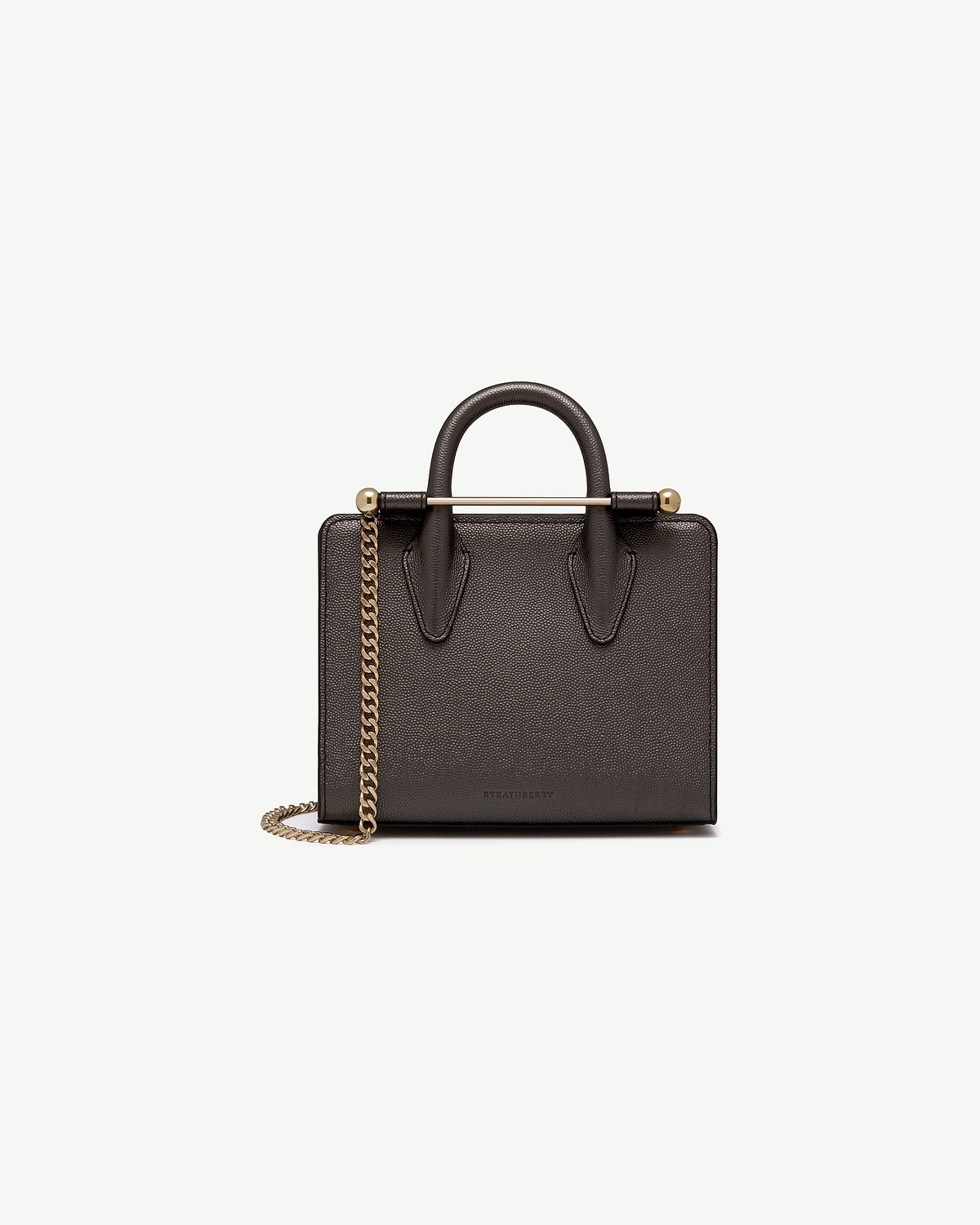 Strathberry nano tote in metallic anthracite caviar leather with top handle and chain strap.