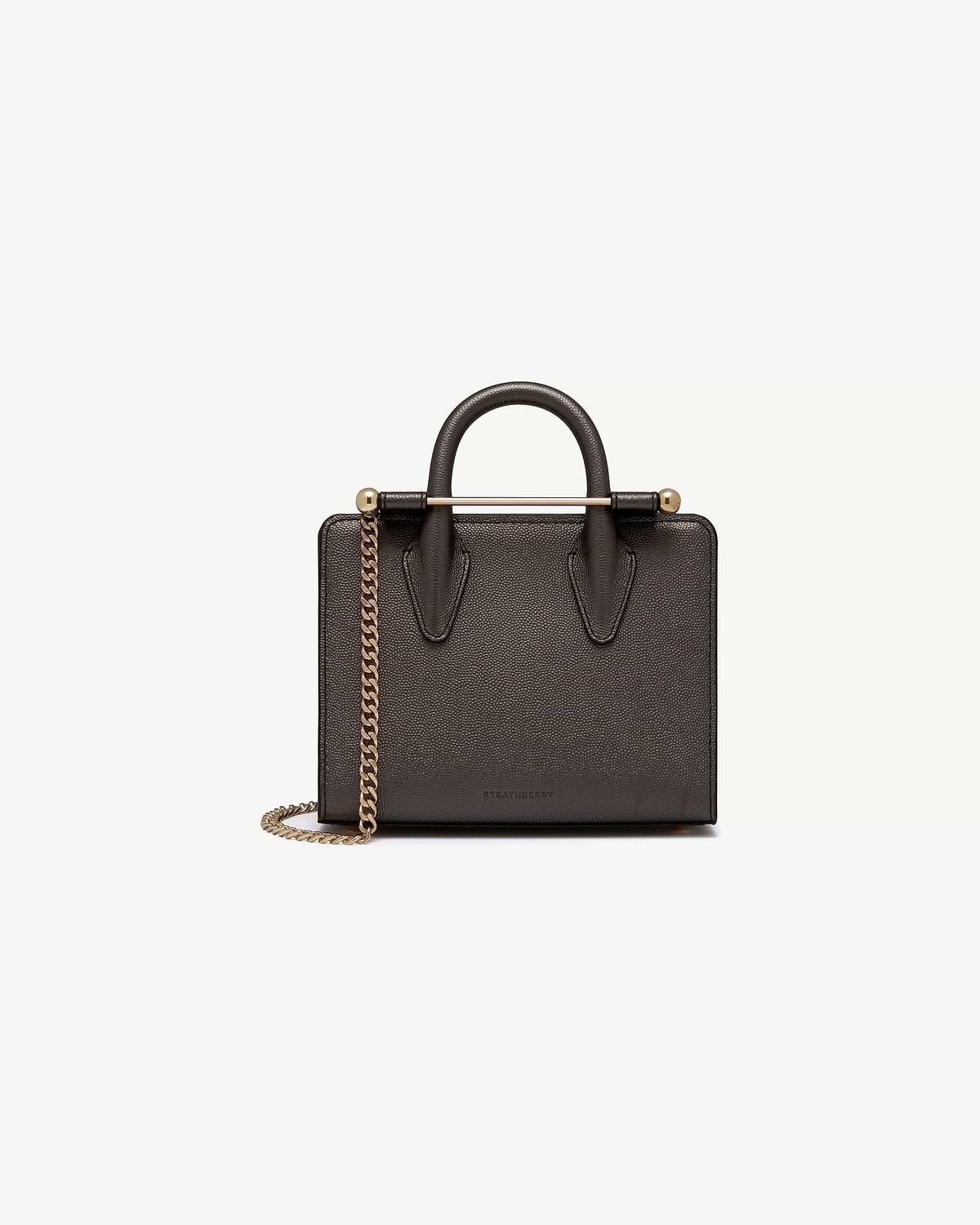 Strathberry nano tote in metallic anthracite caviar leather with top handle and chain strap.