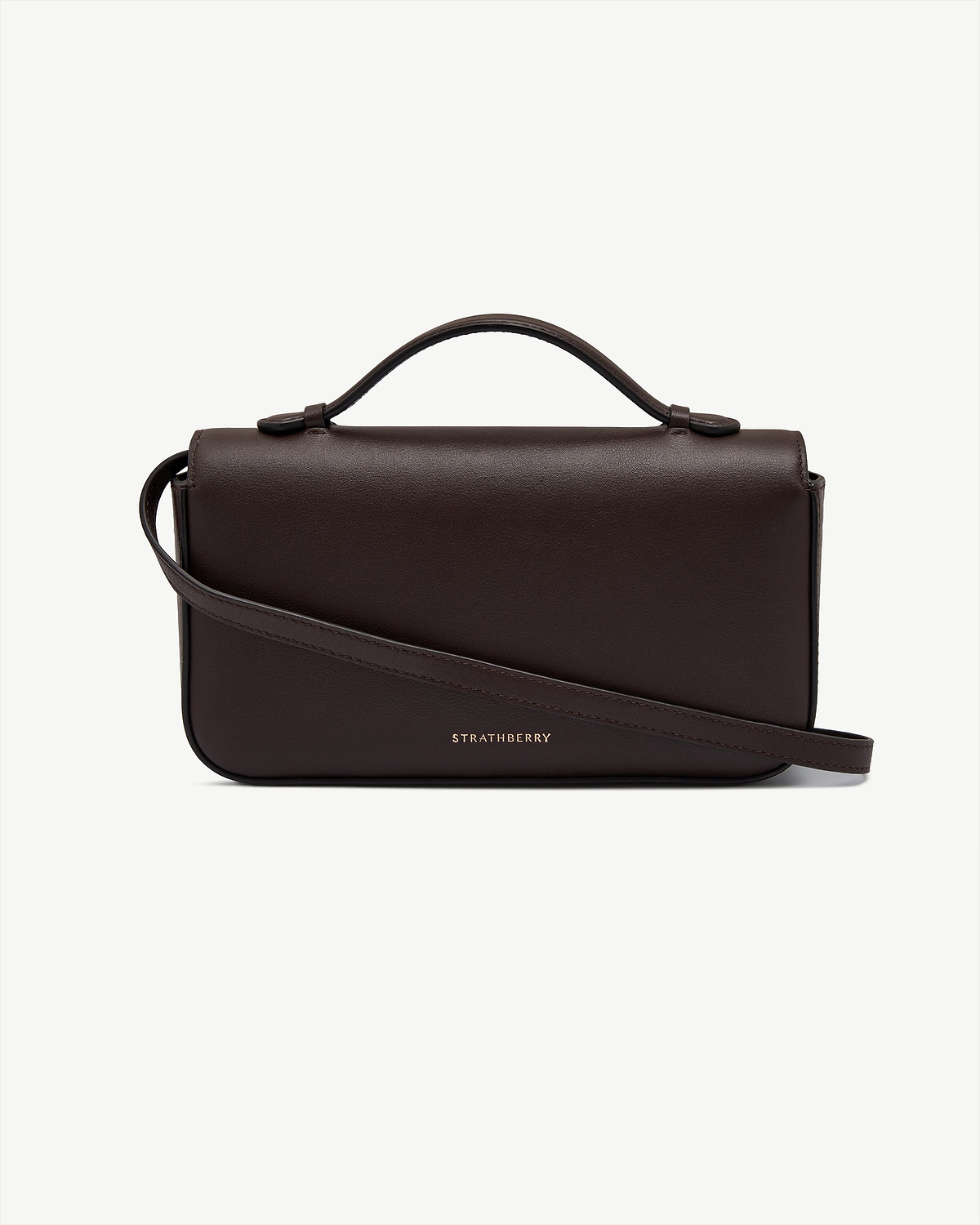 Strathberry Nocturn clutch in espresso leather with top handle and strap