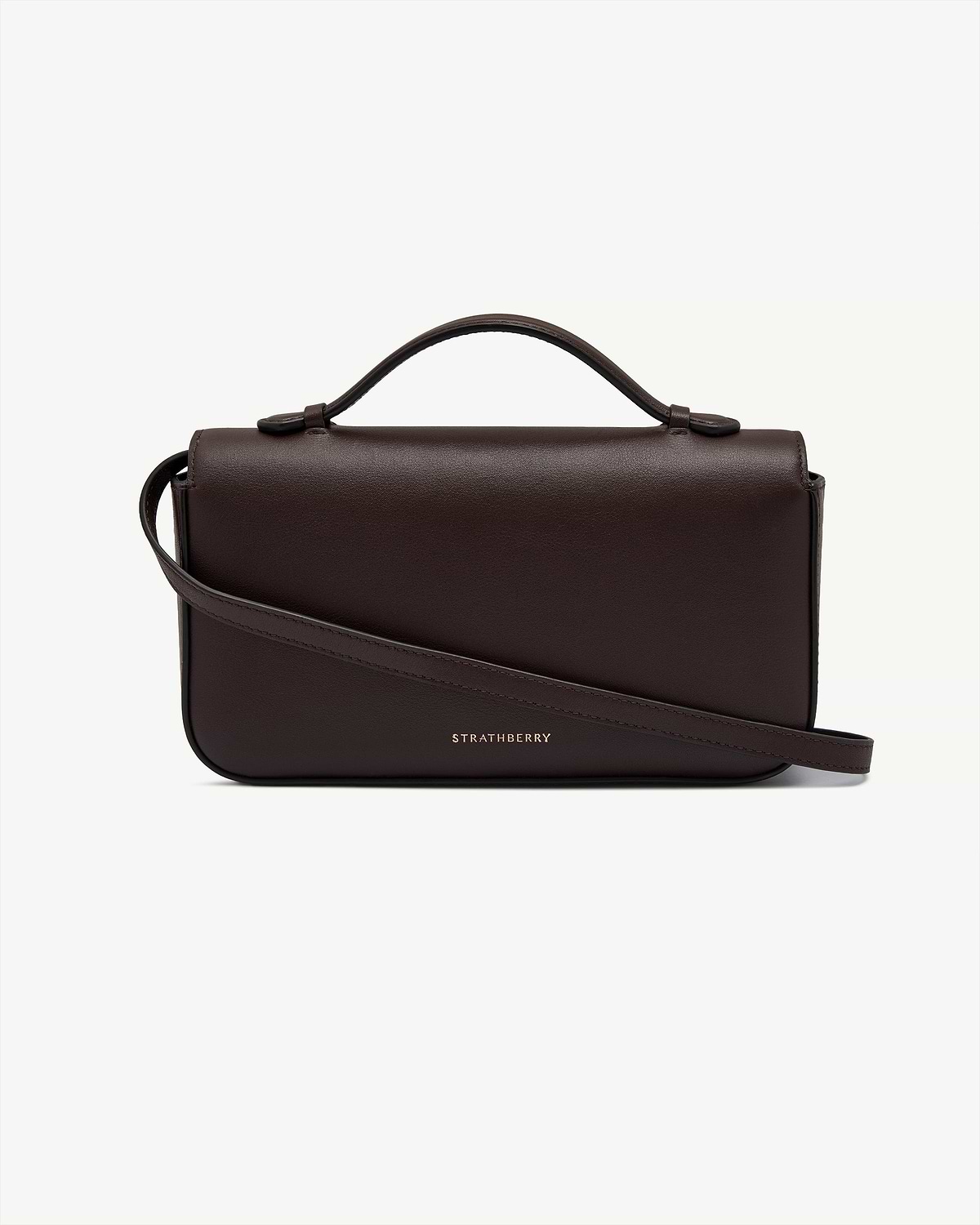 Strathberry Nocturn clutch in espresso leather with top handle and strap