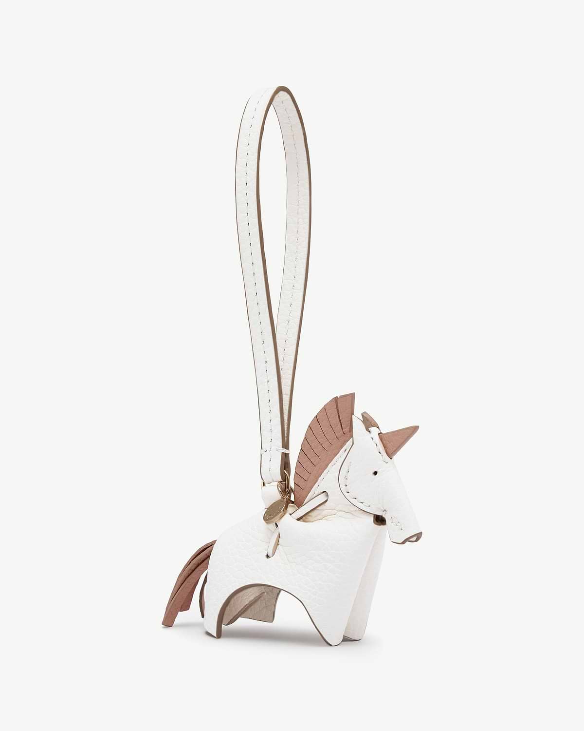 White leather unicorn bag charm with peony pink mane and white strap