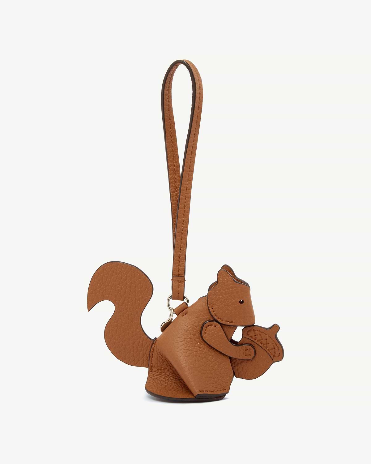 Tan squirrel leather bag charm with long strap and metal ring