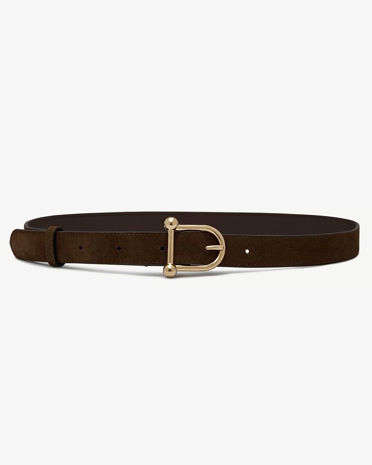Chocolate suede Islay belt with gold D-shaped buckle, laid flat on white.