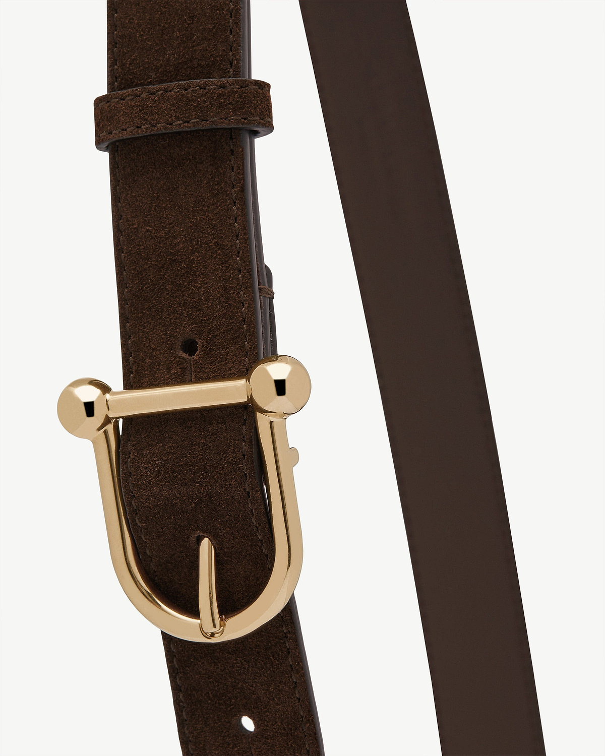 Chocolate suede belt section showing gold metal buckle and strap.
