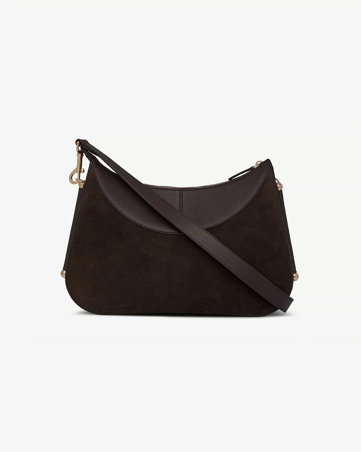 Nest Shoulder bag in espresso suede with leather trim and gold fittings
