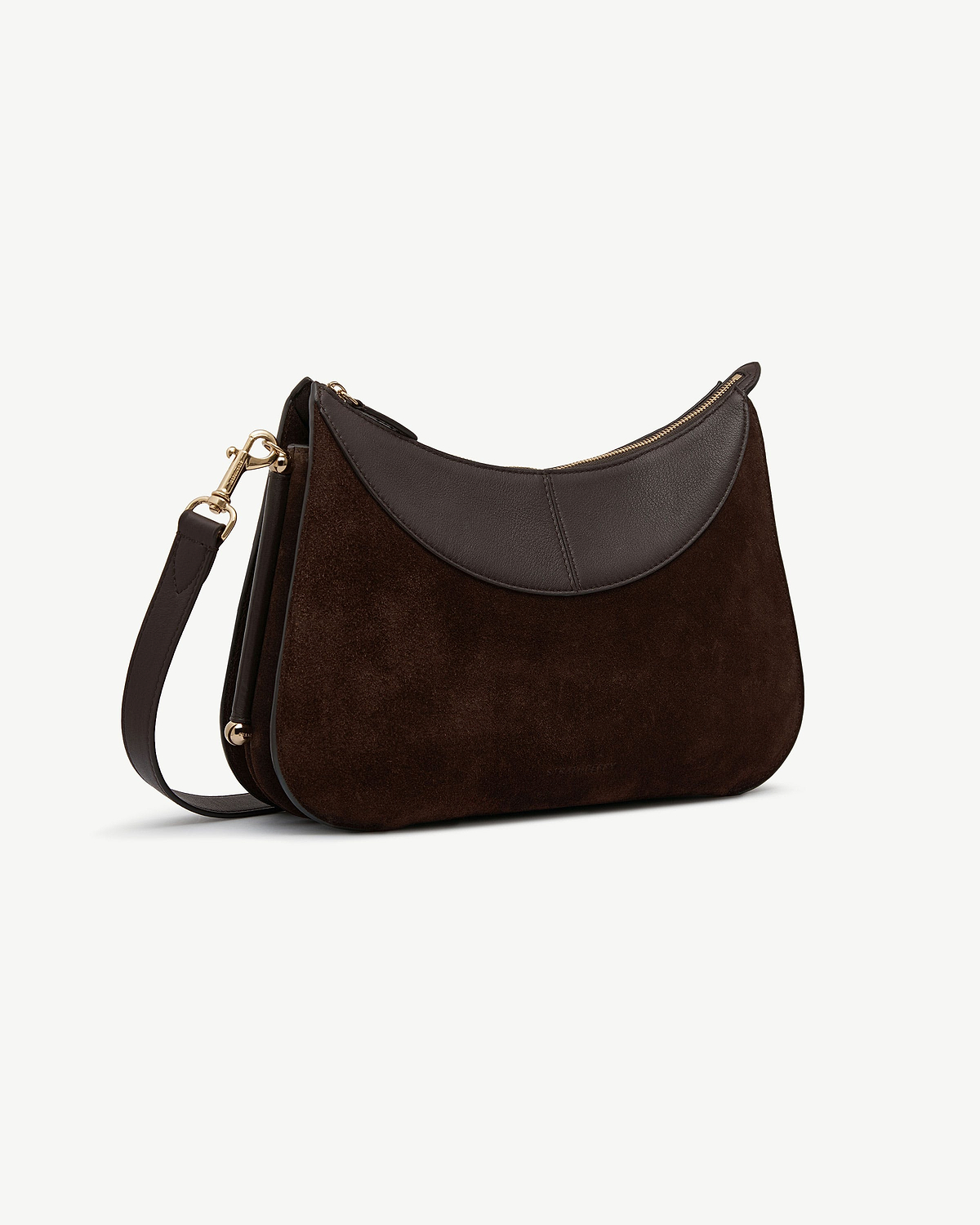 Nest shoulder bag in espresso suede with dark leather trim and gold hardware