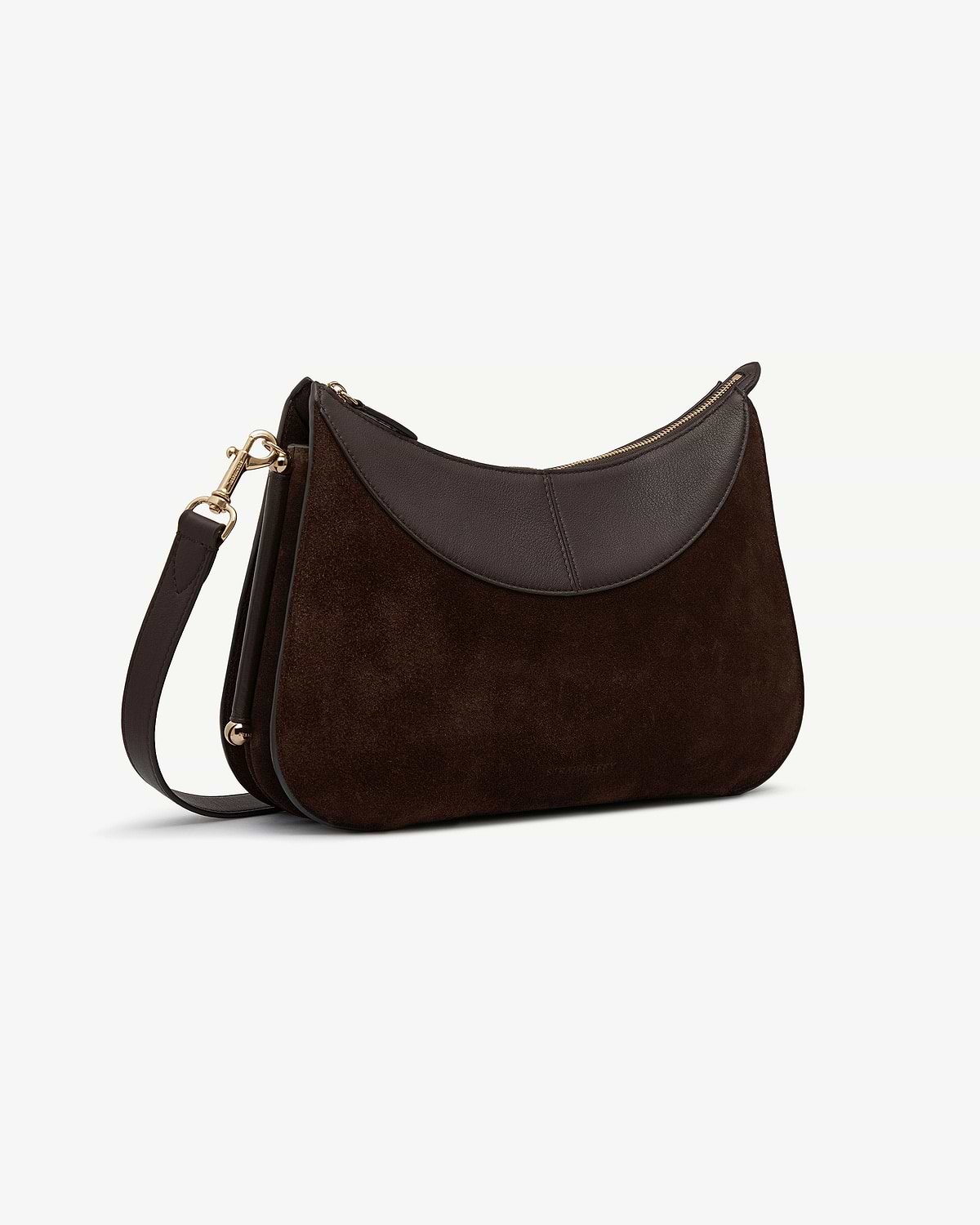 Nest shoulder bag in espresso suede with dark leather trim and gold hardware