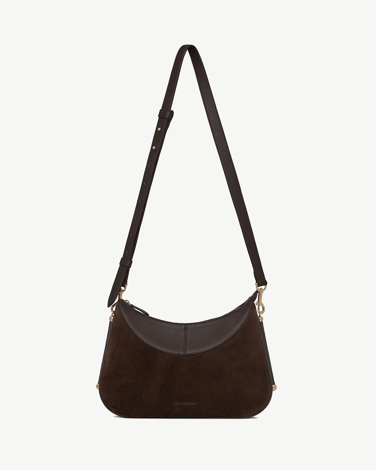 Strathberry Nest Shoulder bag in espresso suede with adjustable strap and leather trim.
