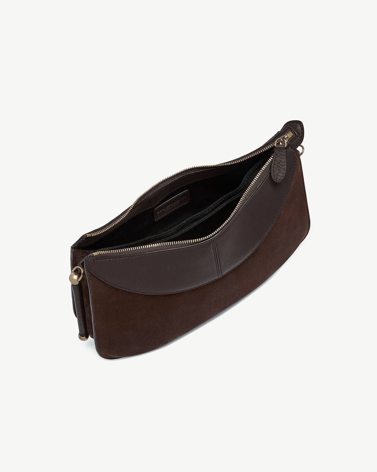 Espresso suede Nest Shoulder bag with leather trim, gold zip, open top view.