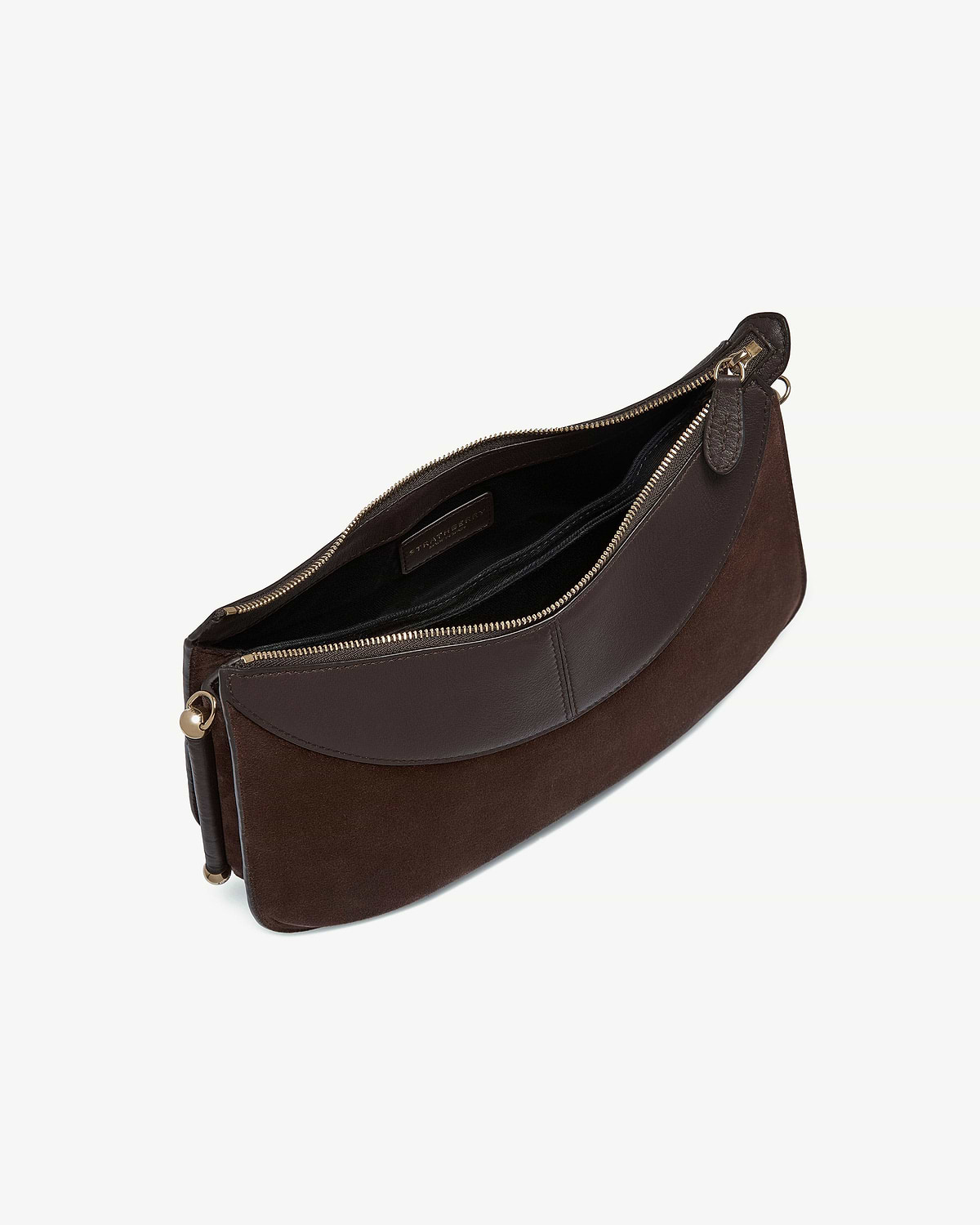 Espresso suede Nest Shoulder bag with leather trim, gold zip, open top view.