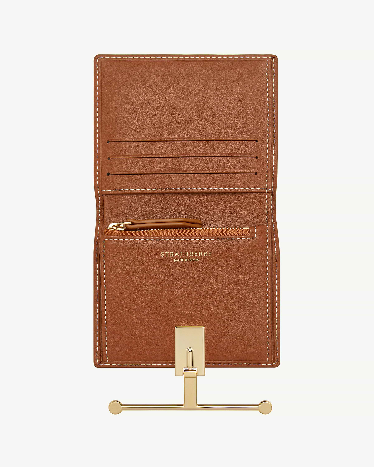 Strathberry Melville Street wallet in chestnut leather with vanilla stitching, open, gold clasp.