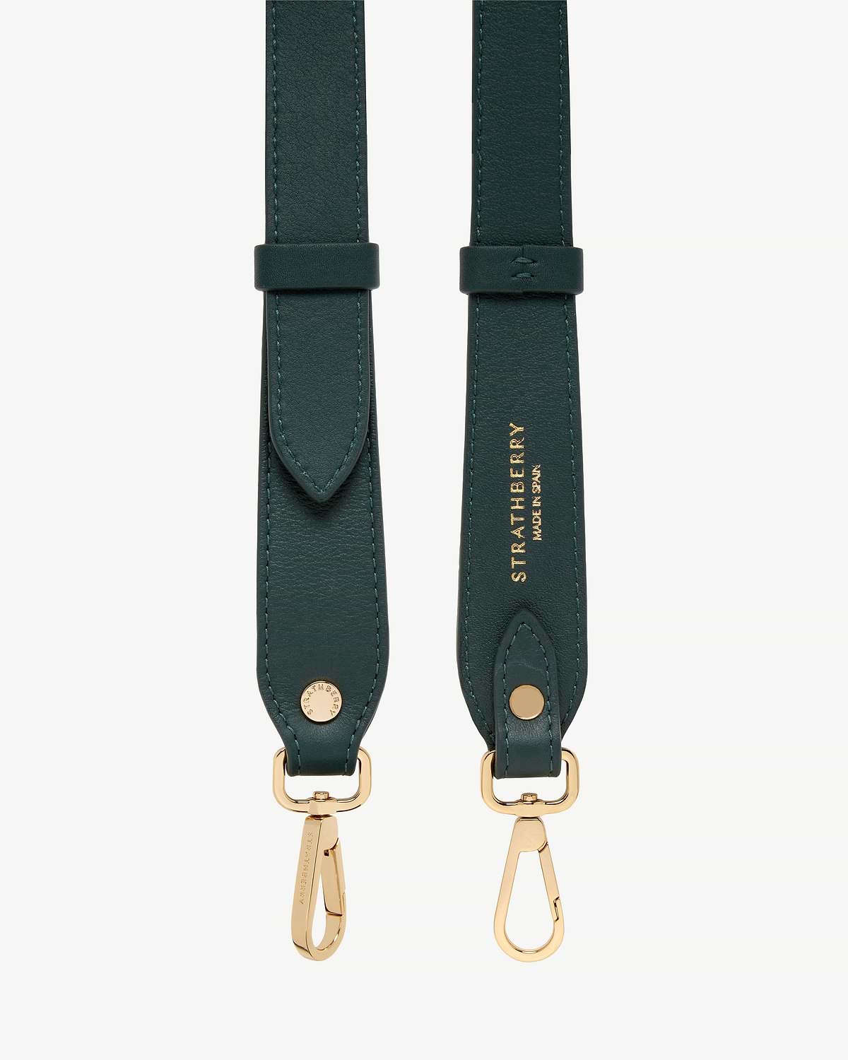 Bottle green adjustable leather strap with gold hardware and Strathberry logo
