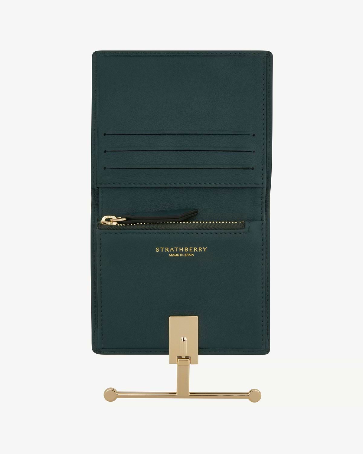 Bottle green Melville Street wallet open, Strathberry logo and gold clasp visible.