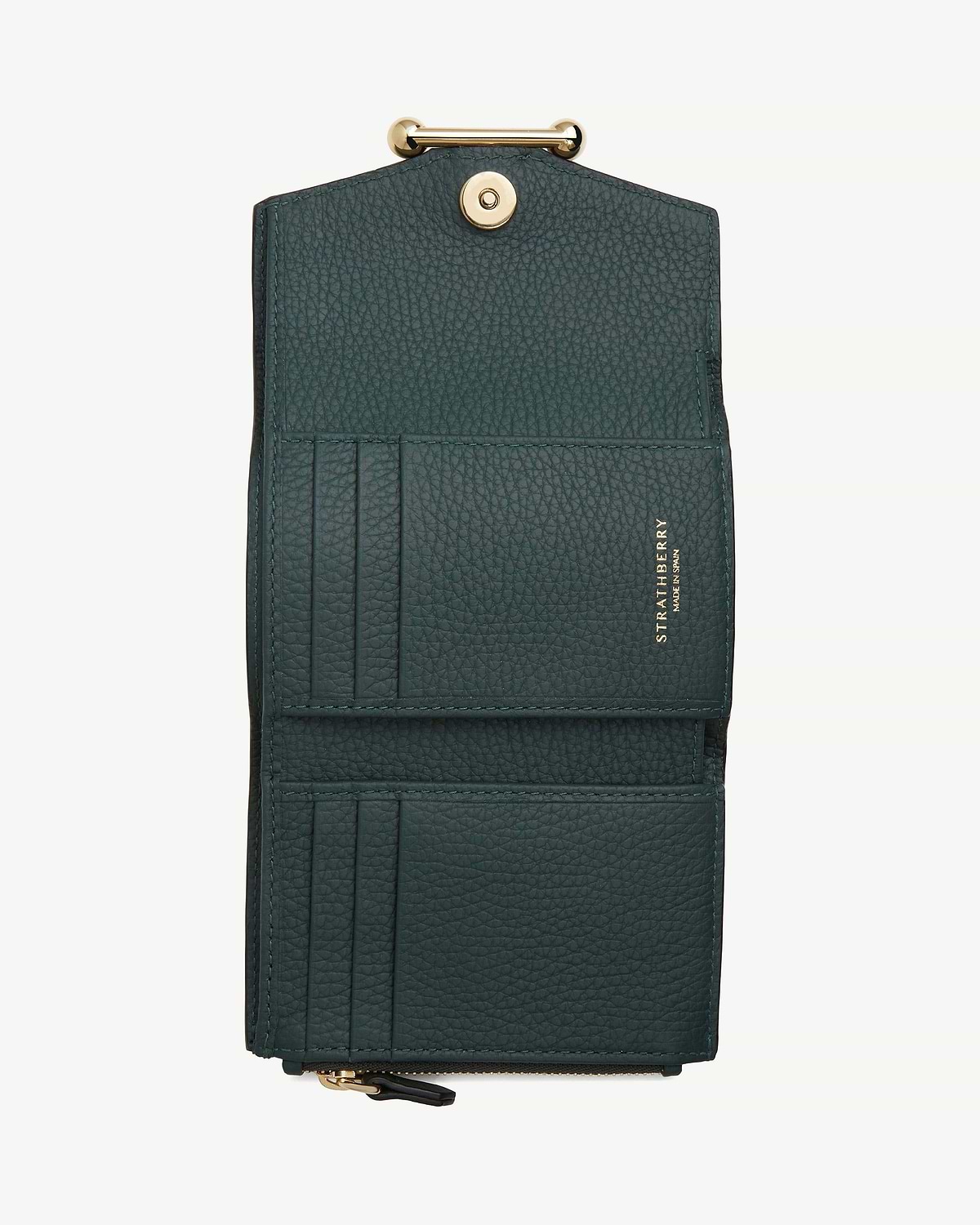 Bottle green Strathberry mosaic trifold wallet open showing card slots and gold hardware.