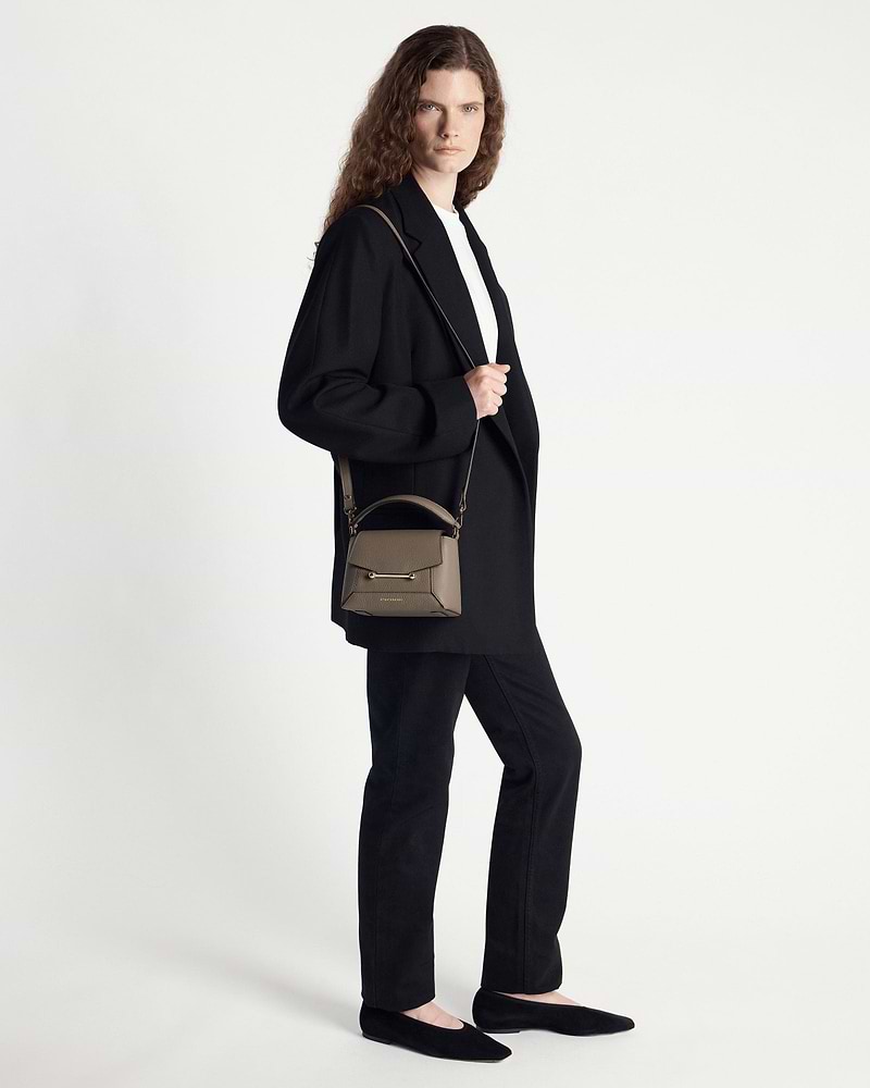 Model wearing a taupe small top-handle crossbody bag over the shoulder.