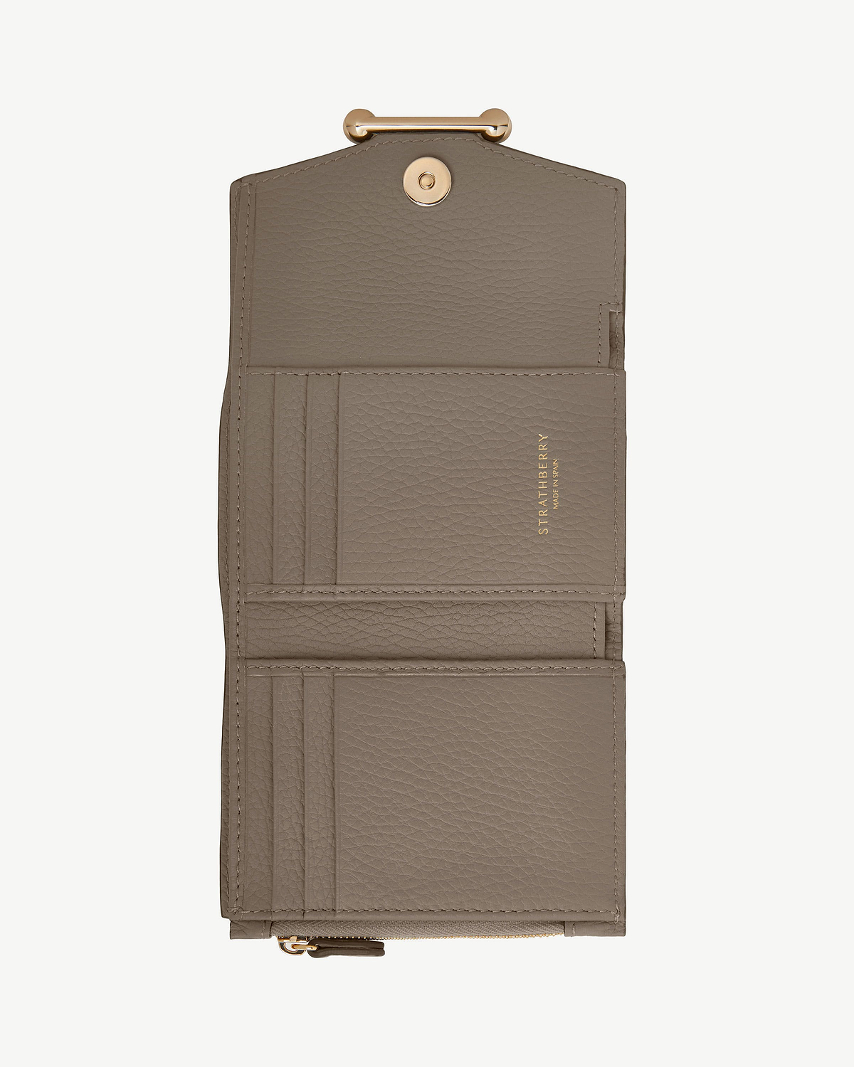 Taupe Strathberry trifold leather wallet, open showing card slots and gold clasp.