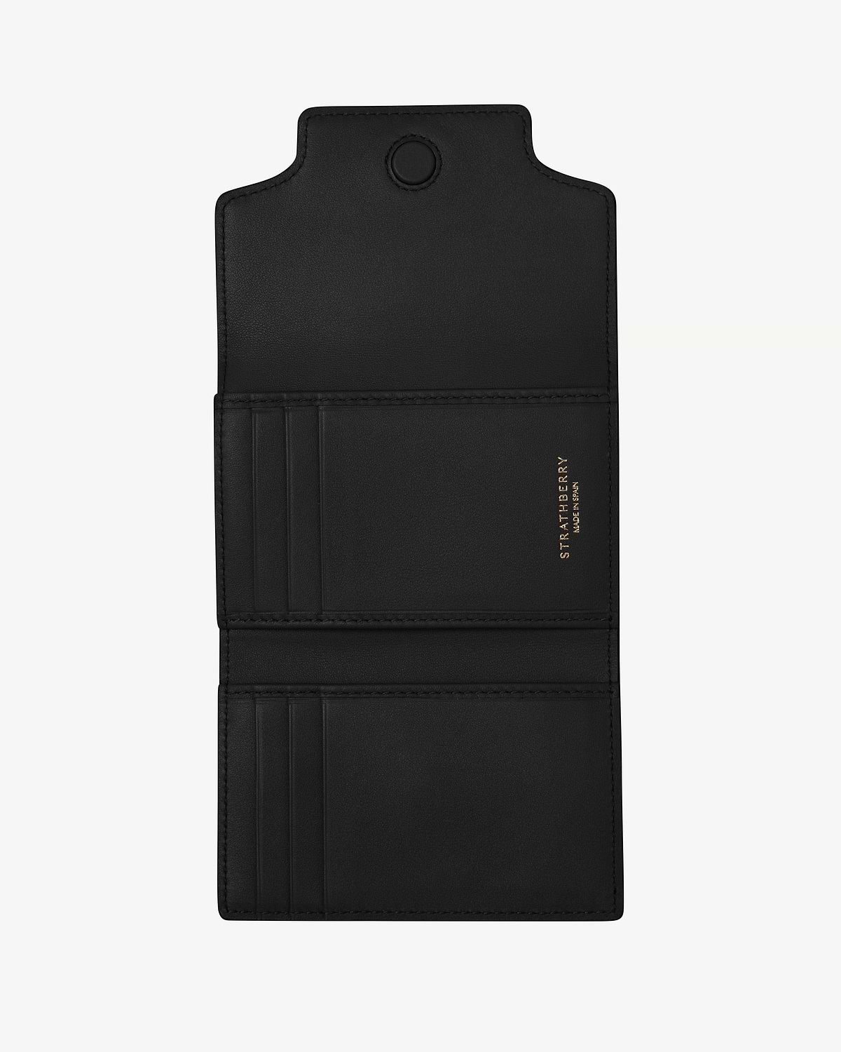Black Multrees trifold wallet open showing card slots and gold Strathberry logo