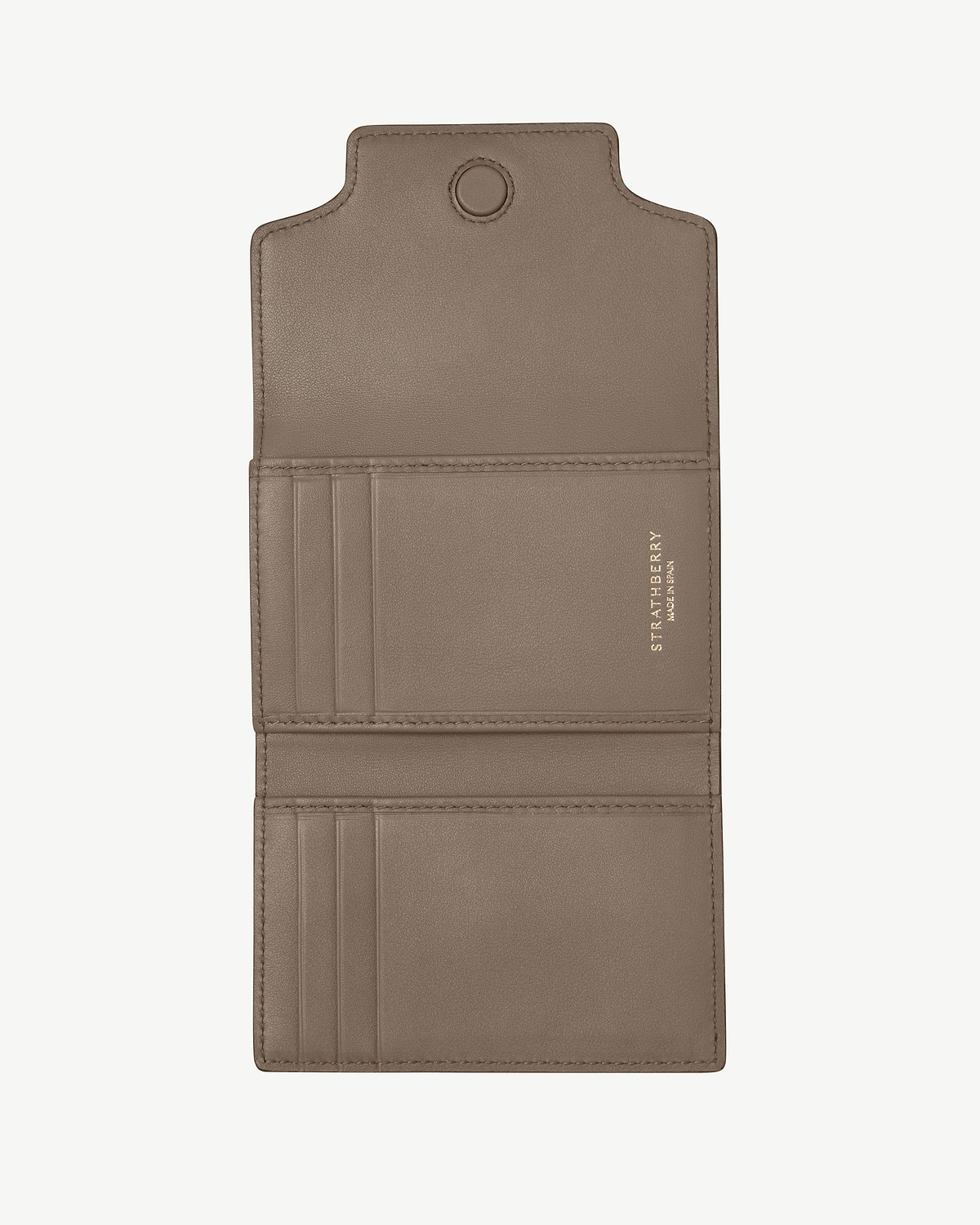 Taupe Strathberry Multrees trifold wallet open, showing card slots and compartments.
