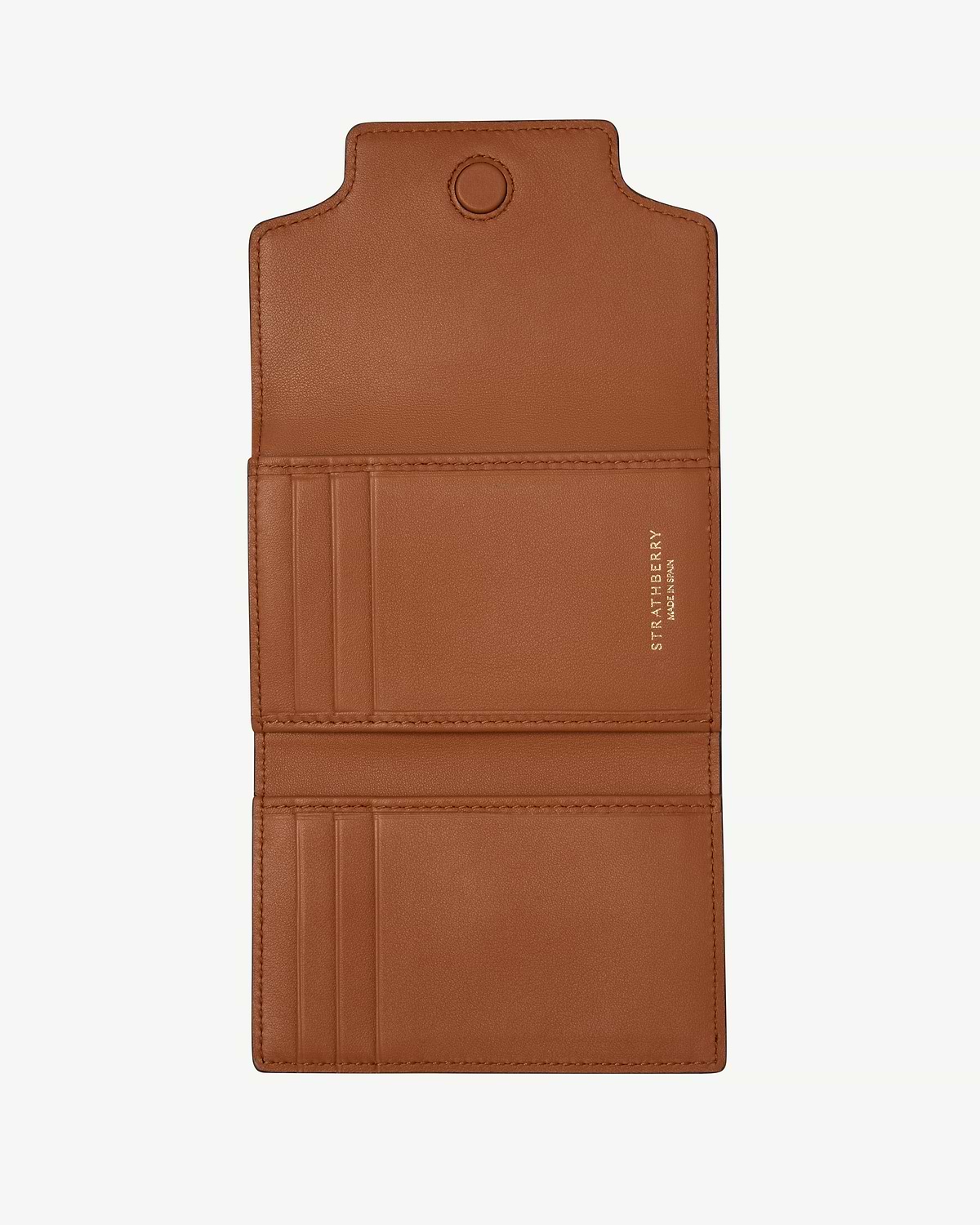 Strathberry Multrees trifold wallet in chestnut, open with multiple card slots
