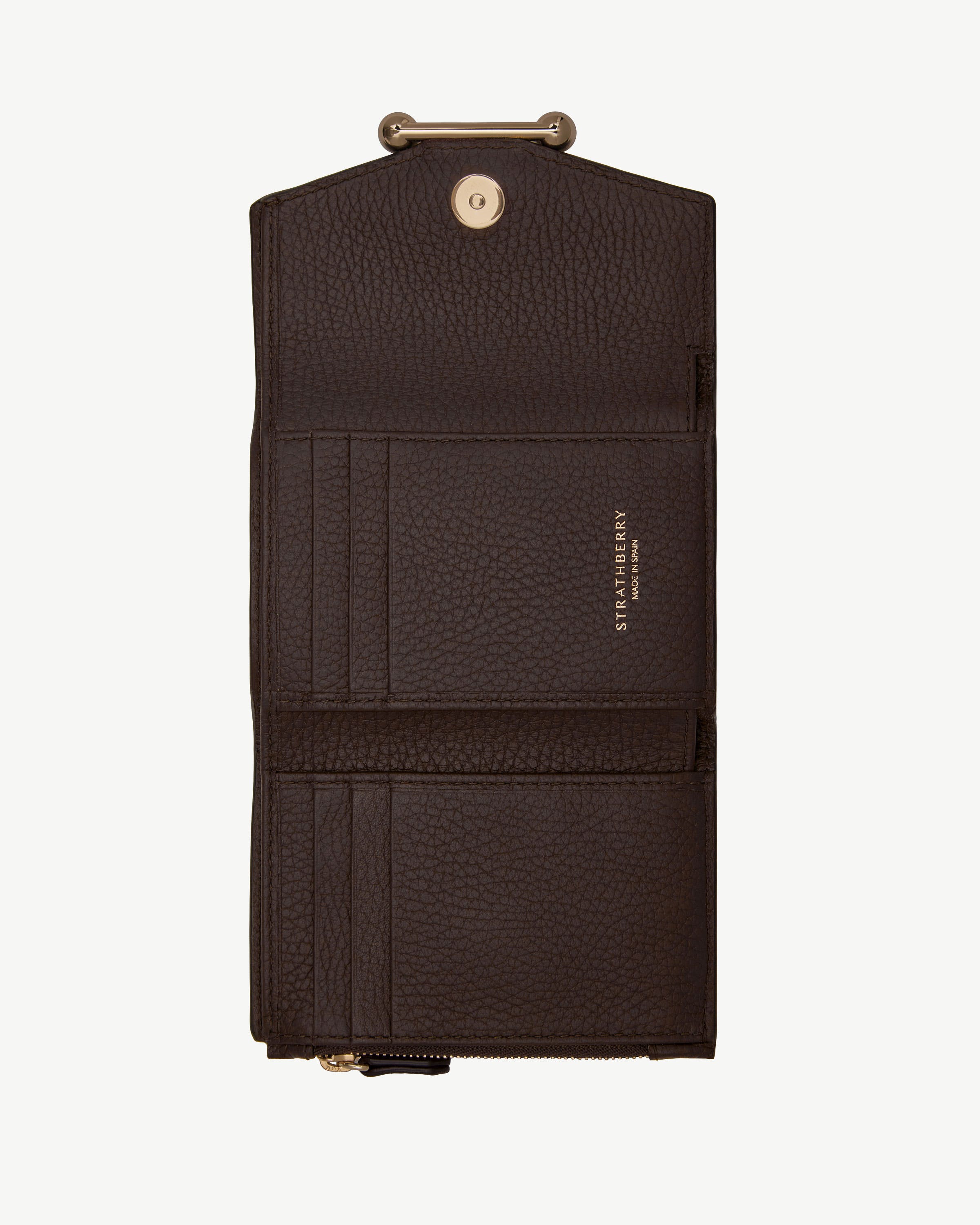 Open Strathberry mosaic trifold wallet in espresso leather showing card slots and zip pocket.