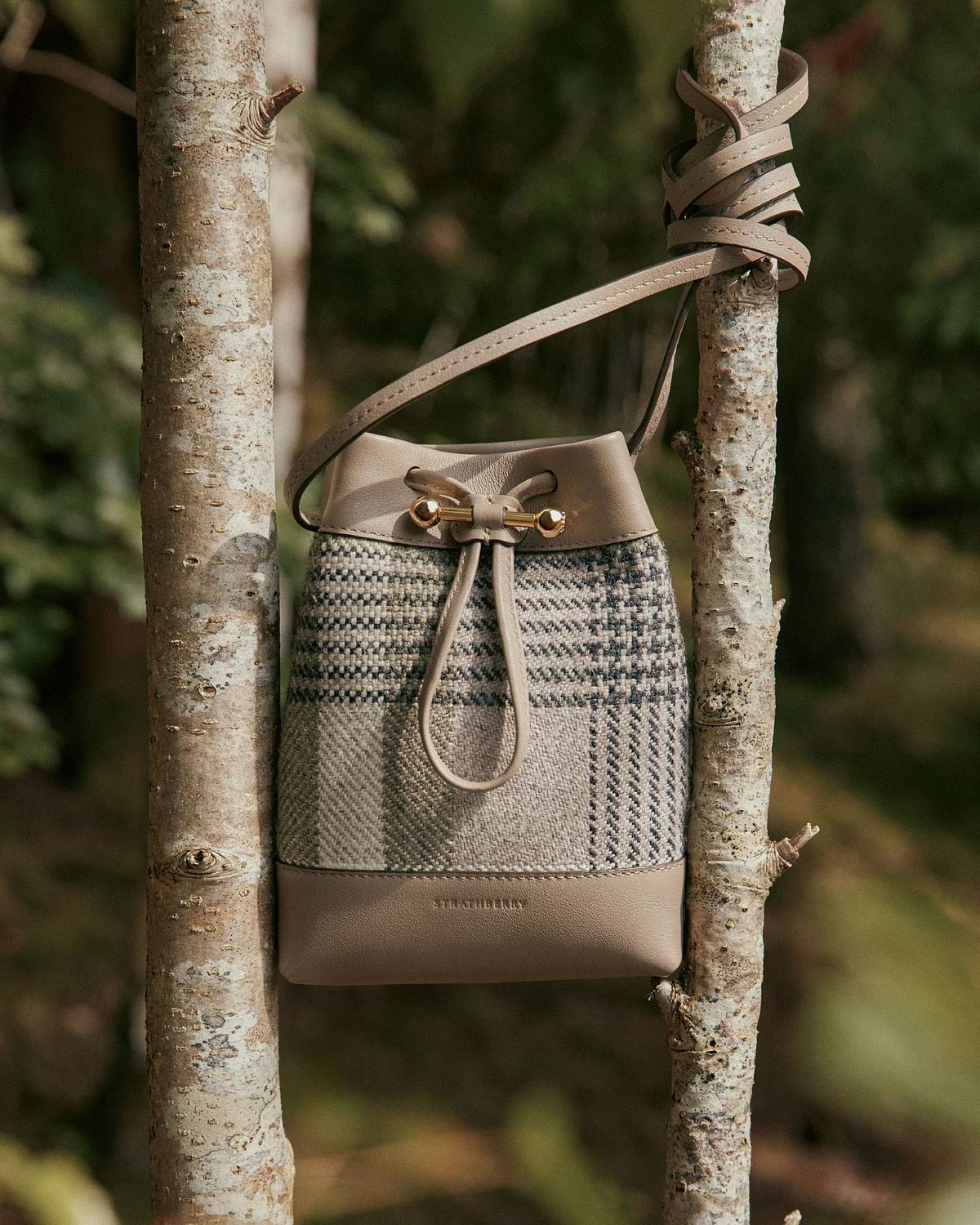 Strathberry Osette midi pouch in tartan taupe hanging from tree branches.