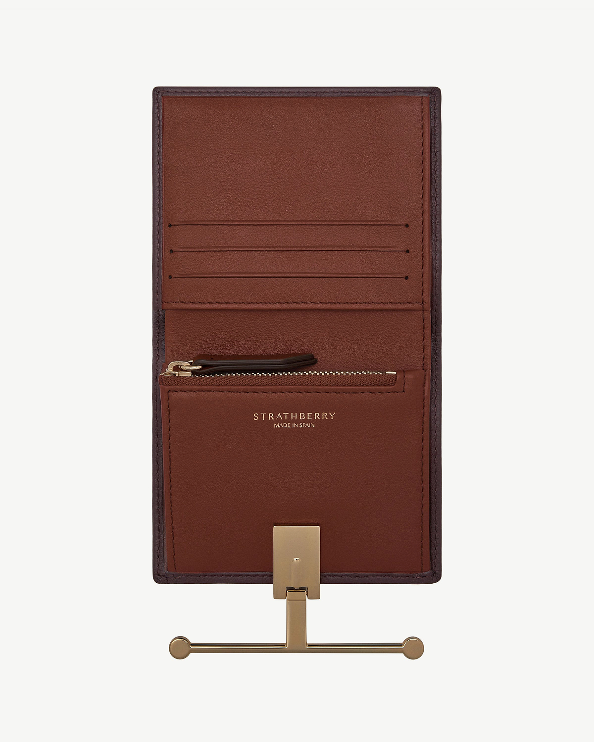 Strathberry Melville Street wallet in burgundy and walnut leather with zip pocket and gold hardware